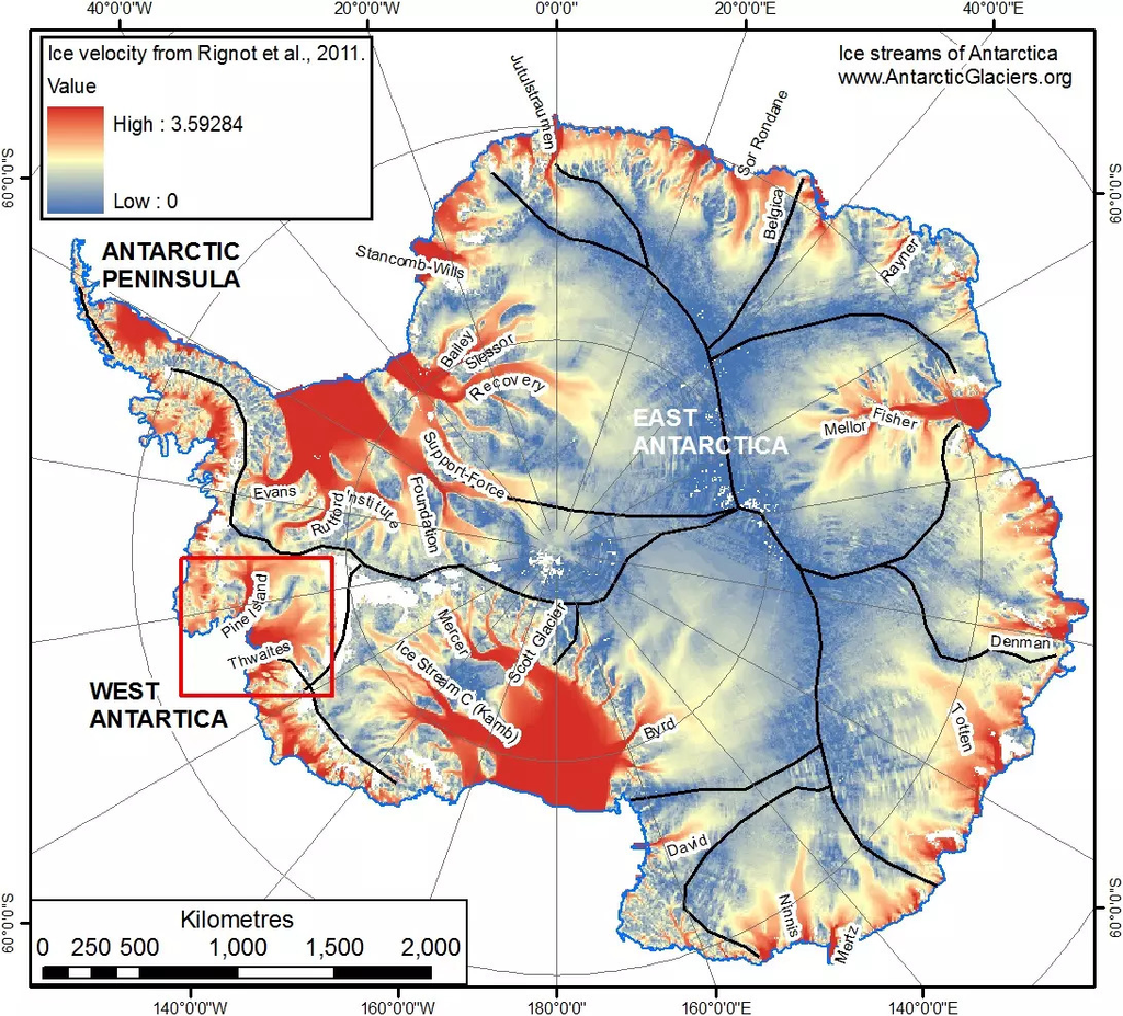 Ubicación del glaciar citado en el texto sobre el recuadro rojo. Imagen de RRSS