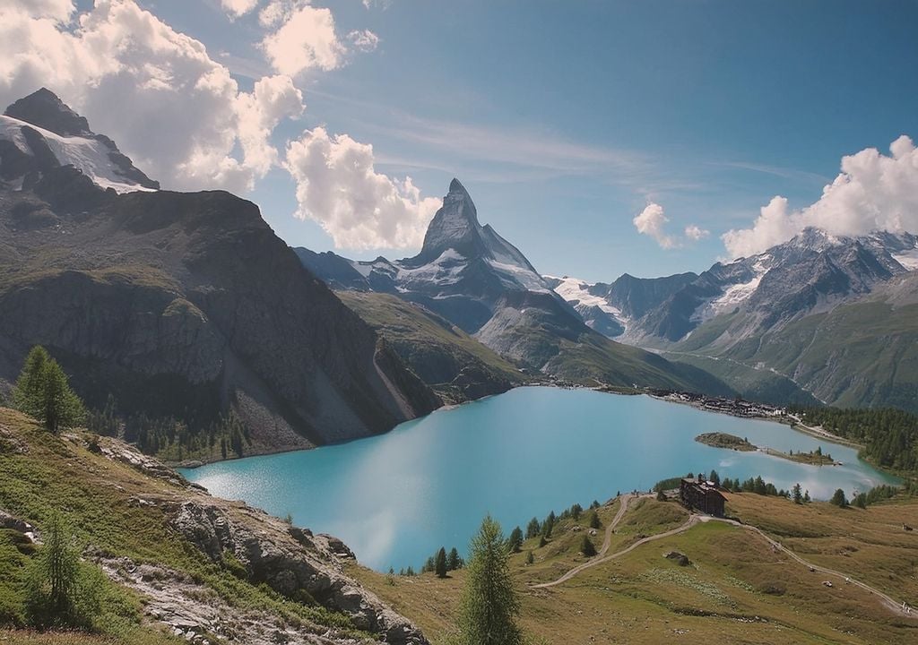 Der blaue See und das Matterhorn, Sommerlandschaft, Breuil-Cervinia, Aostatal, Italien