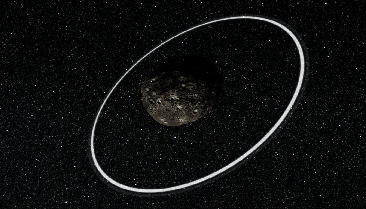 Rappresentazione artistica del centauro Chariklo, circondato da due anelli sottili. Le loro dimensioni sono estremamente ridotte rispetto a quelle dei grandi sistemi planetari. Credit: ESO/L. Calçada/M. Kornmesser/Nick Risinger