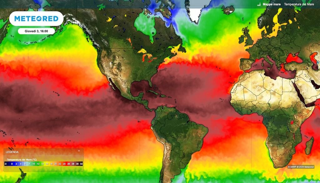 I mari, indipendentemente da El Niño, si scaldano sempre più: oltre alla striscia calda nell'oceano Pacifico tropicale, spicca il bollente mar Mediterraneo che ha accumulato calore nella lunga calda estate 2026.