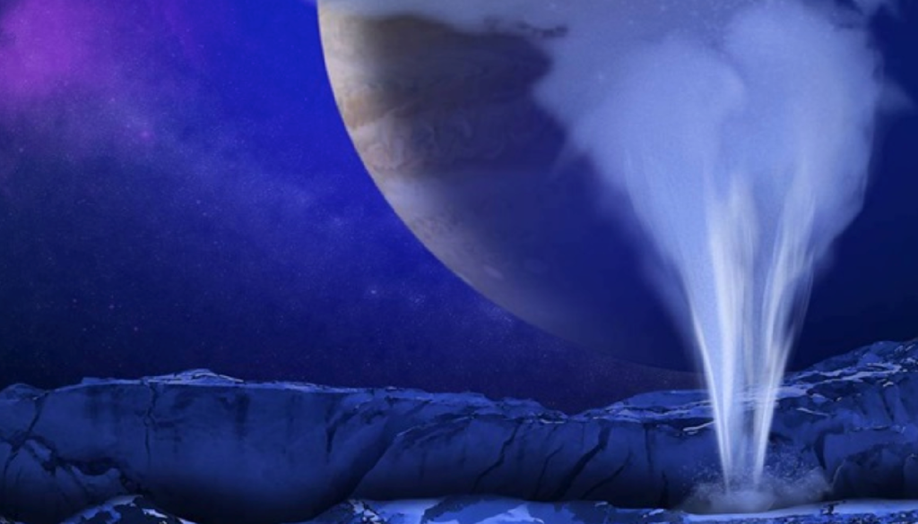 Geyser Immagine con cui venivano rappresentati artisticamente i geyser sulla superficie di Europa a seguito della loro scoperta nel 2014, successivamente smentita nel 2026. Credit: Credit NASA/ESA/K. Retherford/SWRI