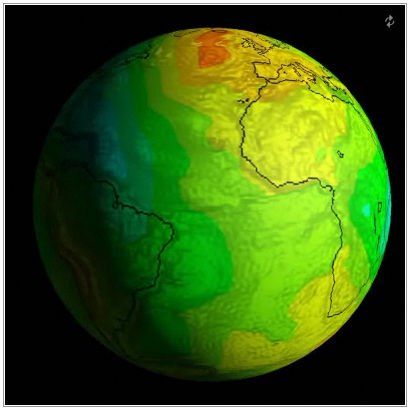 El primer geoide basado solamente en dos meses de datos de GOCE, de noviembre y del diciembre de 2009, muestra la capacidad excelente del satélite a las variaciones minúsculas del mapa en la gravedad de la Tierra. El geoide es la forma de un océano global imaginario dictado por la gravedad en la ausencia de mareas y de corrientes. Es una referencia crucial para la circulación del océano, el cambio del nivel del mar y la dinámica exacta de medición del hielo - todo afectados por el cambio de clima. Un modelo exacto del geoide es también importante para examinar la geodesia, y para estudiar procesos del interior de Tierra. Créditos: ESA