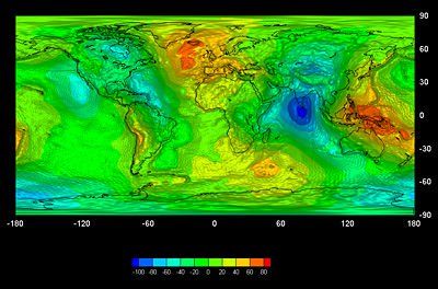 El primer modelo de gravedad global basado en datos del satélite GOCE fue presentado en el simposio de la ESA. Basado solamente en dos meses de datos, de noviembre y del diciembre de 2009, ilustra la capacidad excelente de GOCE para trazar variaciones minúsculas en el campo de gravedad de la Tierra. Créditos: ESA – GOCE High Level Processing Facility