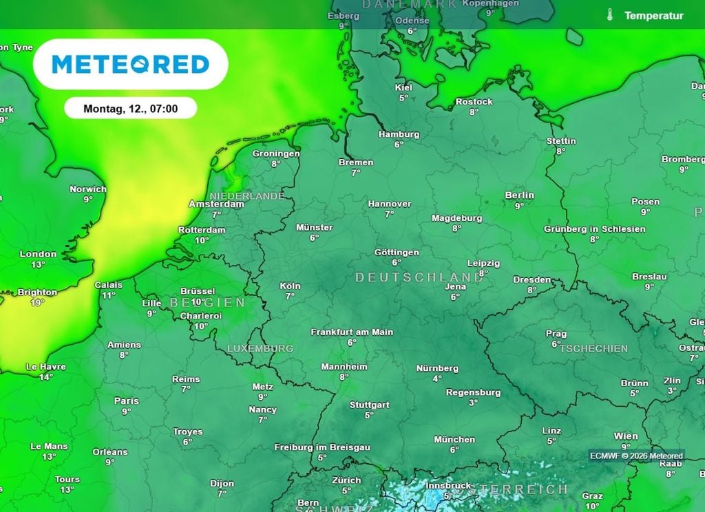 temperatur, wetter, wetter Die Frühwerte am Montagmorgen (12. Oktober). Die Temperaturen liegen deutlich unter 10 Grad, regional auch unter 5 Grad und mal muss sogar ganz vereinzelt mit Bodenfrost rechnen.