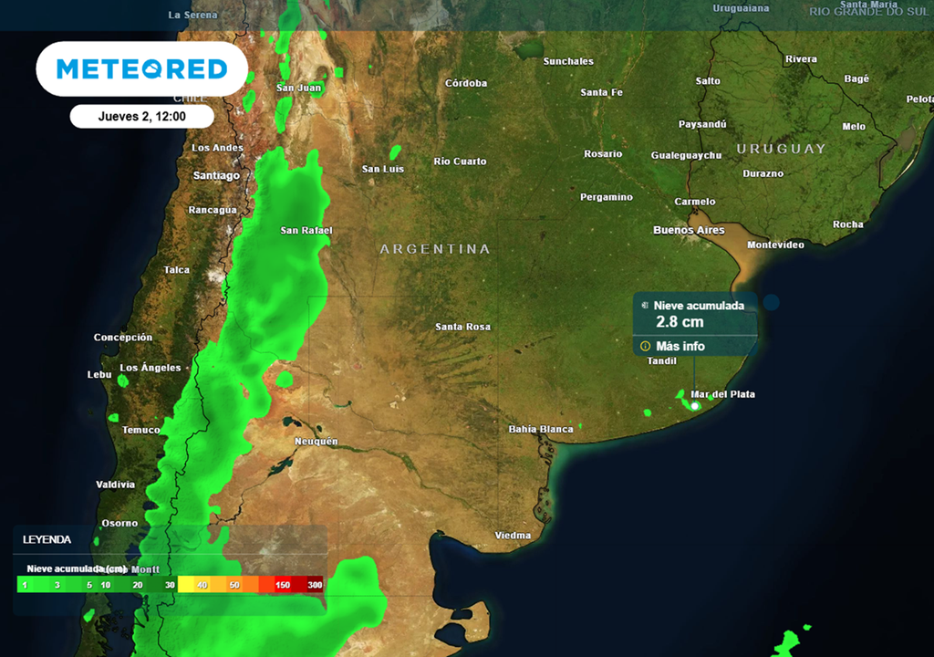 El modelo meteorológico ECMWF no descarta la probabilidad de lagunas nevadas aisladas entre la noche del miércoles 1 y la mañana del jueves para las sierras puntanas, bonaerenses, y de Córdoba.
