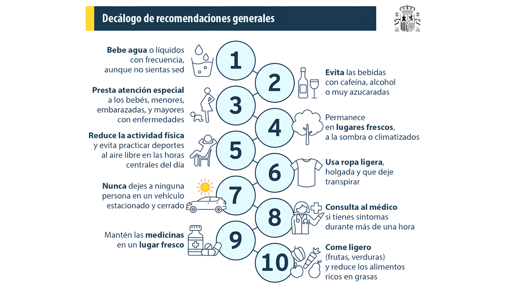 Decálogo de recomendaciones generales para prevenir emergencias médicas relacionadas con el calor. Gobierno de España.