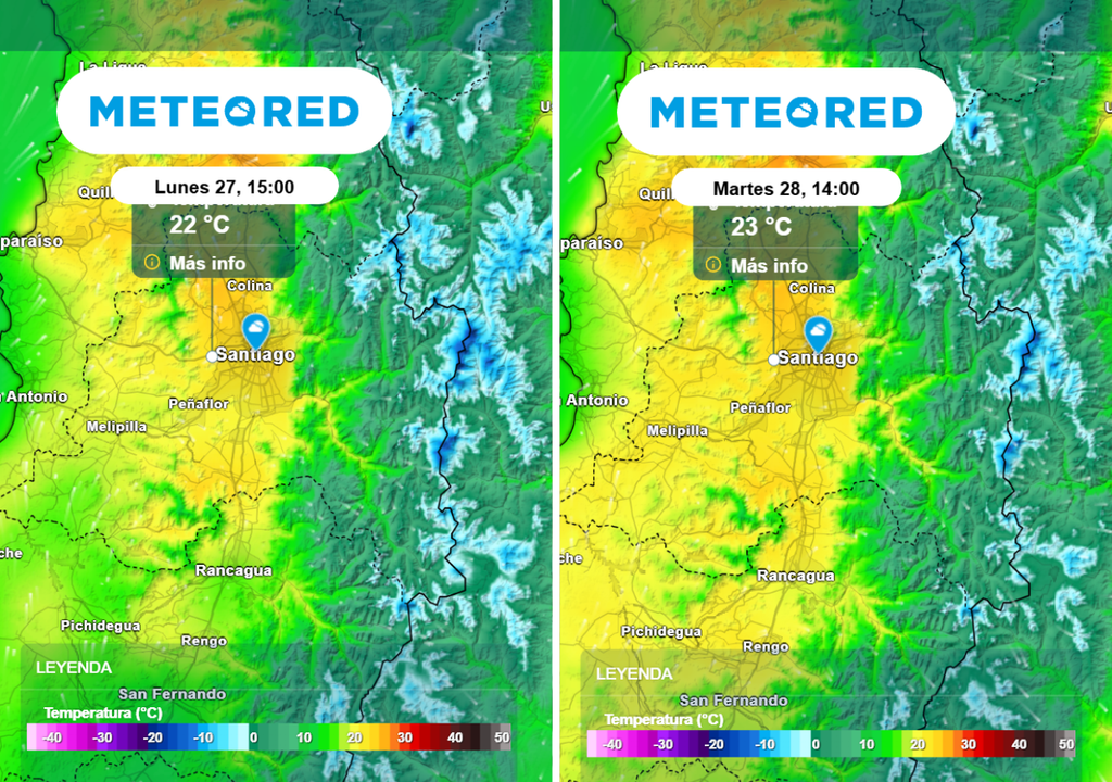 Conforme lo datos del ECMWF las temperaturas máximas entre lunes y martes se moverían entre los 22 y 24 °C en Santiago.