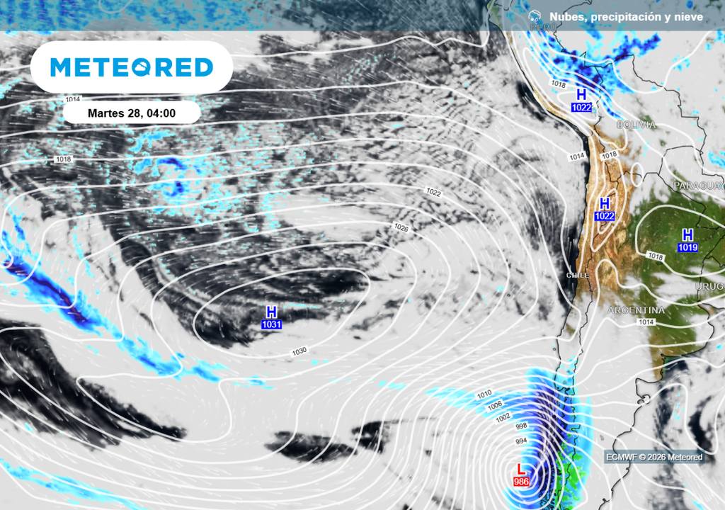 Altas presiones seguirán presentes como un escudo a las lluvias: las precipitaciones se concentrarían en el sur y alcanzarían ligeramente zonas del centro sur de Chile a mitad de semana.