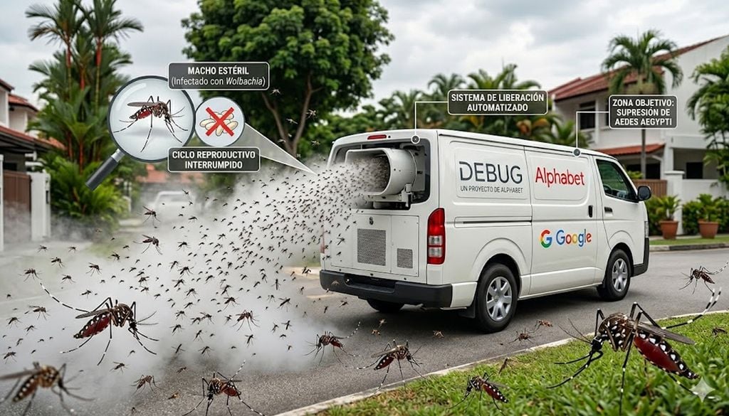 Representacion libera mosquitos Representación mediante IA de cómo el proyecto Debug de Alphabet, la empresa madre de Google, liberará los mosquitos esterilizados para combatir la fiebre del Nilo en los Estados Unidos