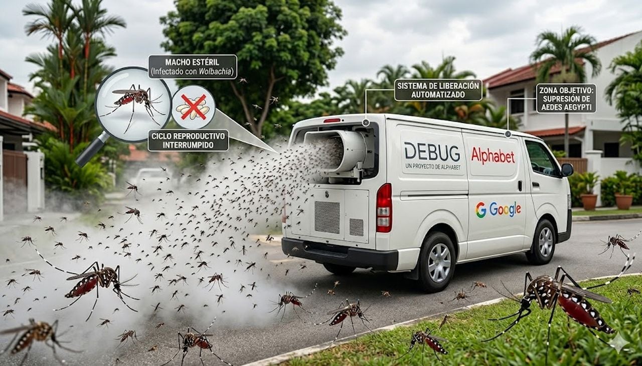 Representación mediante IA de cómo el proyecto Debug de Alphabet, la empresa madre de Google, liberará los mosquitos esterilizados para combatir la fiebre del Nilo en los Estados Unidos