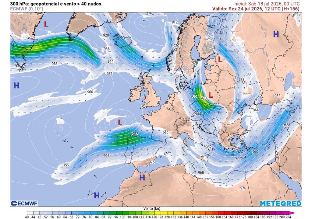 Geopotencial e vento 300 hPa Na reta final da previsão, a depressão isolada em altitude deverá atravessar o norte da Península Ibérica em direção ao interior da Europa, permitindo a entrada de uma massa de ar mais fresca sobre Portugal continental.