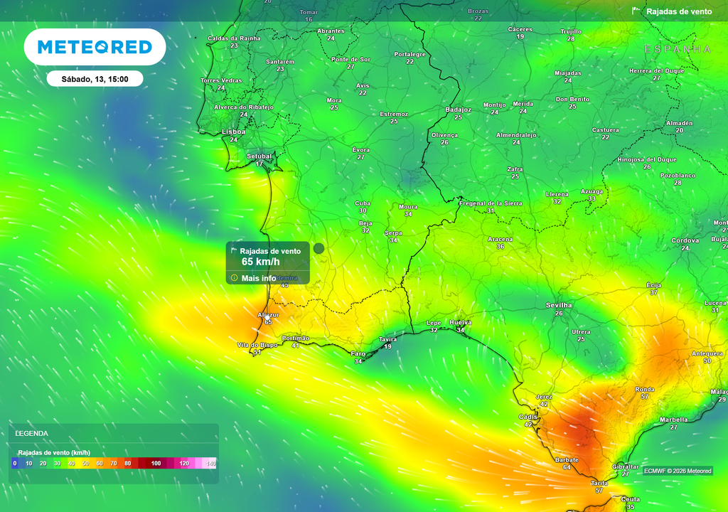 rajadas de vento Ao longo do dia de sábado, o vento poderá ganhar mais velocidade no Sotavento Algarvio, com rajadas na ordem dos 65 km/h.