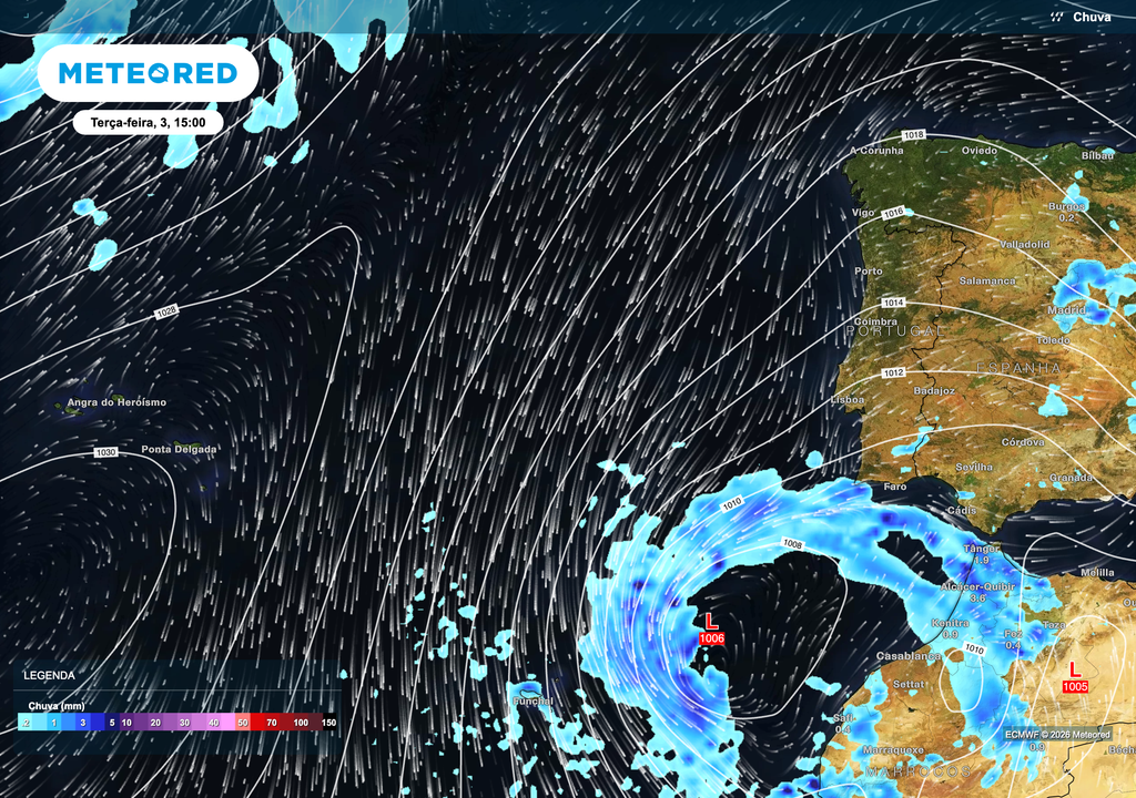 Depressão isolada em altitude reforça a instabilidade, com aguaceiros mais intensos no Alentejo e Algarve.