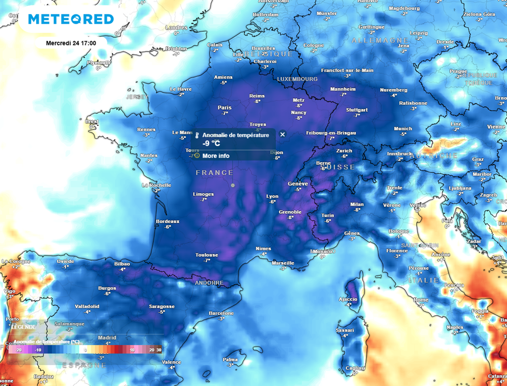 Avec la présence de la goutte froide, le mercure sera souvent situé entre 5 et 8°C en dessous des normales.