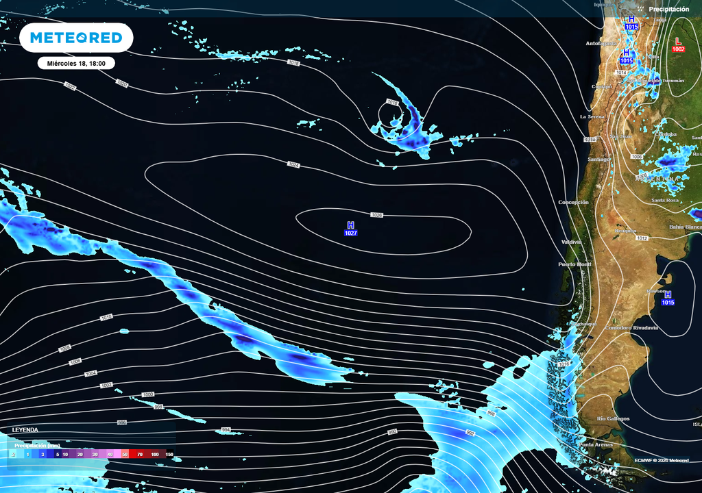 Una extensa alta presión estará estará frente a Chile, desviando frentes y elevando las temperaturas a valores extremos.
