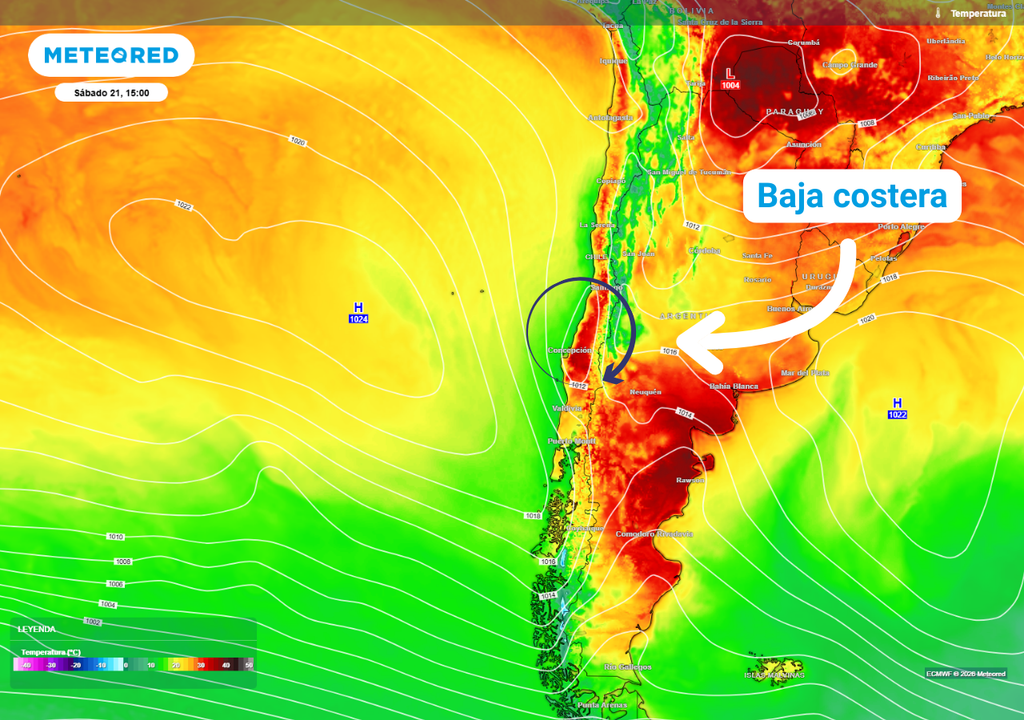 Mientras en el la zona austral el frente con río atmosférico zonal dejará 200 mm de lluvias, la baja costera elevará las máximas a valores por sobre los 36 ºC en sectores del valle longitudinal.