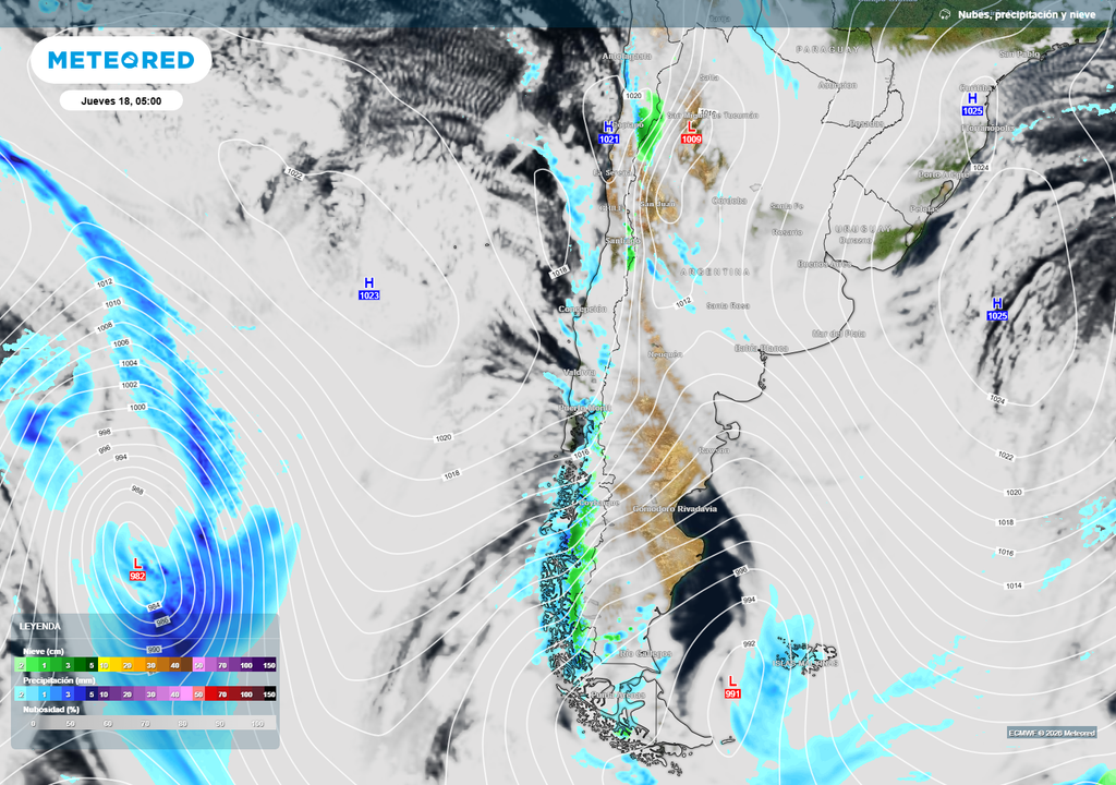 precipitaciones, nubes y presión previstas Las precipitaciones estarán presentes desde el norte y hasta la zona austral de Chile durante el día jueves.