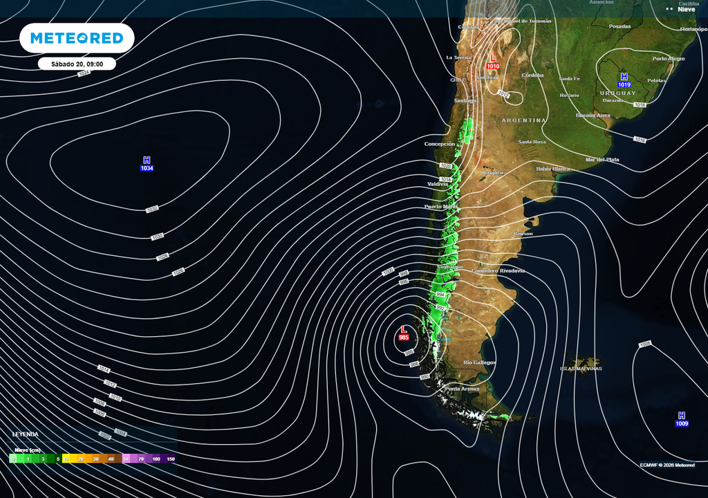 nieve prevista El aire frío impulsado en la parte posterior del frente provocará nevadas intensas en sectores de la cordillera sur y de la Patagonia.