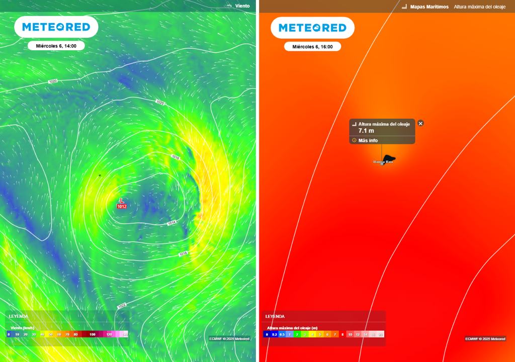 Mapa de vientos y altura máxima de olas