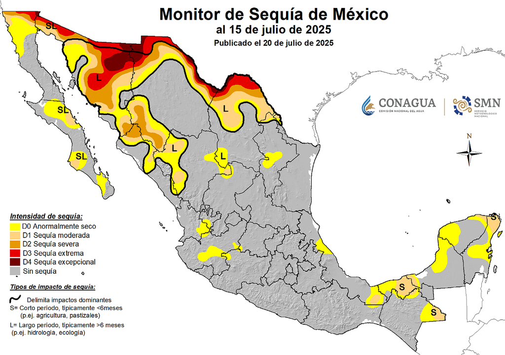 Monitor de Sequía corte al 15 de julio de 2025. SMN, CONAGUA Monitor de Sequía corte al 15 de julio de 2025. SMN, CONAGUA