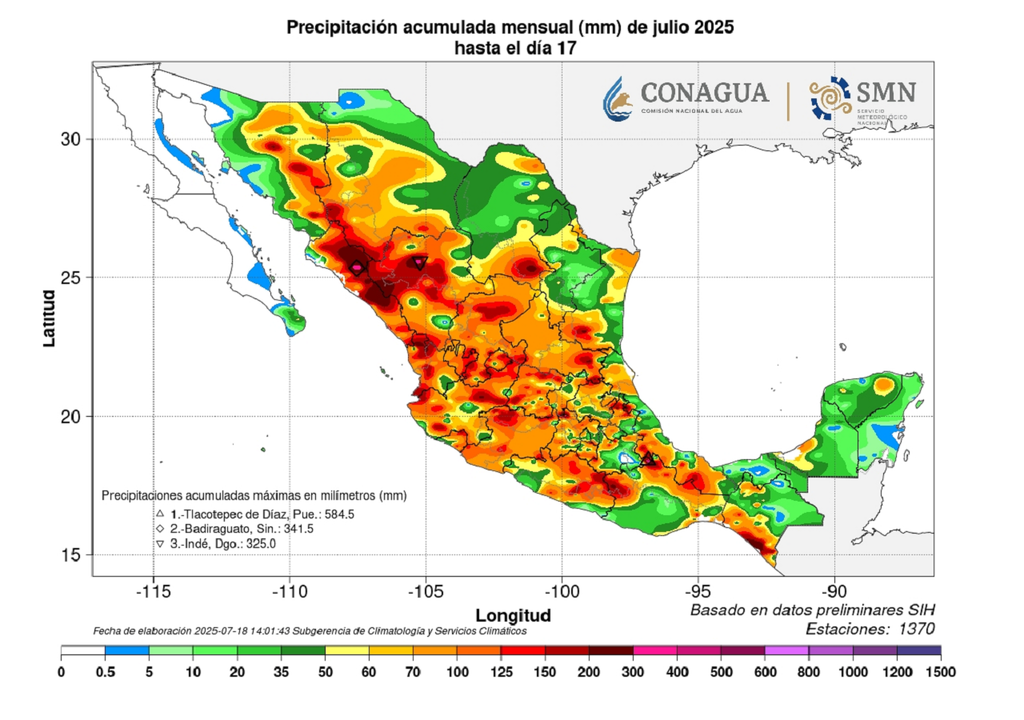 Lluvias acumuladas hasta el 17 de julio de 2025. SMN-CONAGUA Lluvias acumuladas hasta el 17 de julio de 2025. SMN-CONAGUA