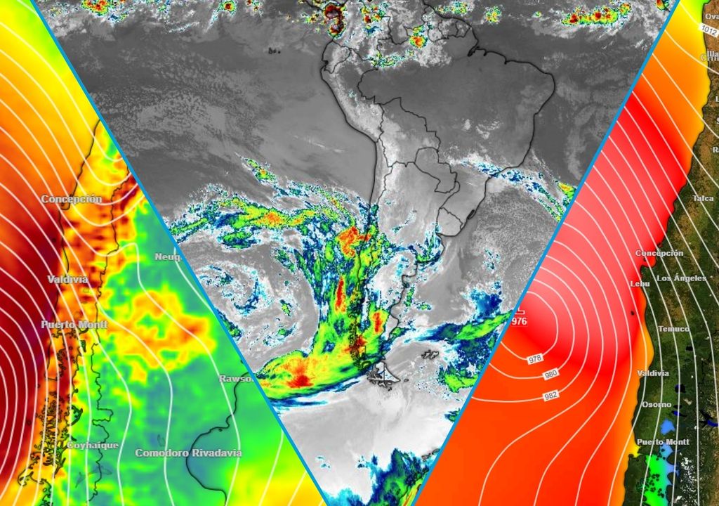 ráfagas de viento previstas, imagen de satélite del sistema frontal sobre Chile y altura de oleaje máximo previsto