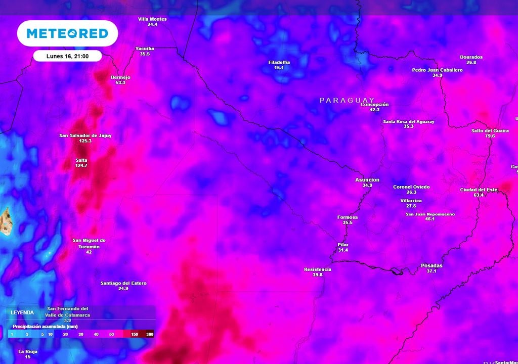 Precipitación acumulada hasta el lunes 16 de febrero, en las provincias del norte argentino (Regiones NOA y NEA).