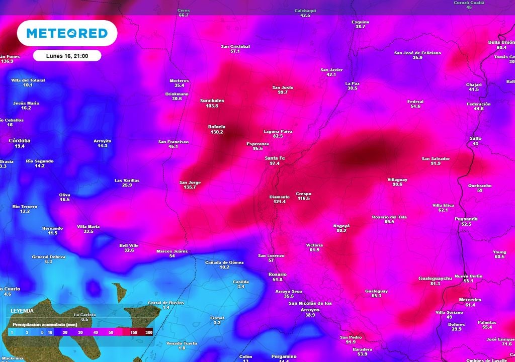 Precipitación acumulada hasta la noche del lunes 16. Algunos sectores de Santa Fe y Entre Ríos acumularán más de 100 mm.