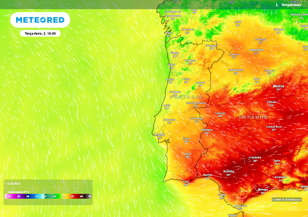 Na próxima terça-feira, 2 de junho, o ambiente fresco já estará praticamente generalizado em Portugal continental. Apenas alguns locais do Baixo Alentejo e Sotavento Algarvio se apresentarão como o último reduto do calor intenso.