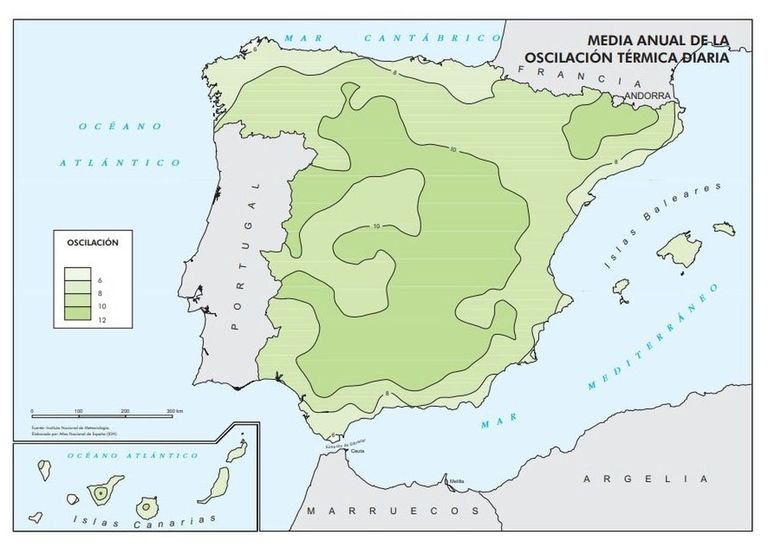 Mapa de la oscilación térmica diaria Mapa de la oscilación térmica diaria