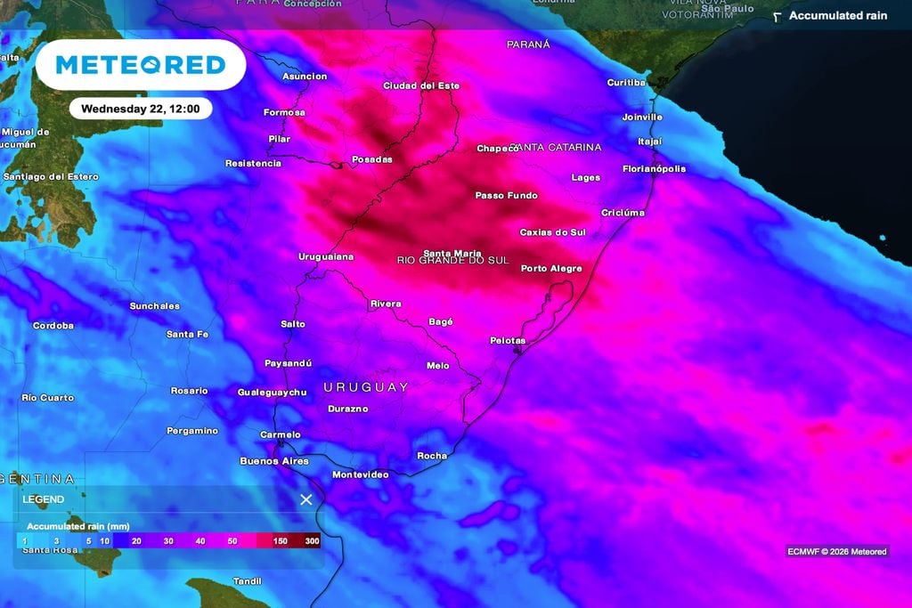 chuva, acumulado Chuva acumulada pode superar 150 mm em áreas do Rio Grande do Sul até quarta-feira (22), prolongando o encharcamento das lavouras.