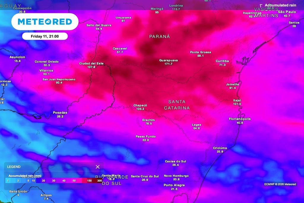 chuva, acumulada, SC, pomares Previsão de chuva acumulada até as 21h de sexta-feira (11).
