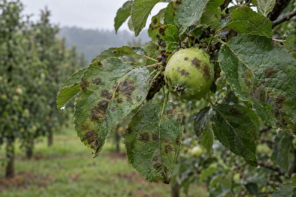 maça, doença Sarna-da-macieira em folhas e fruto sob condições de molhamento prolongado.