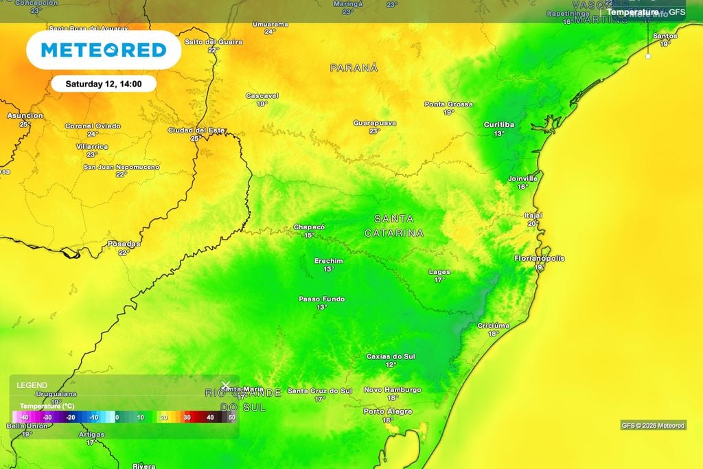 temperatura, previsão Previsão de temperatura do ar para as 14h de sábado (12).