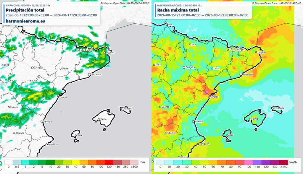Precipitación total y rachas máximas previstas.Fuente HARMONIE-AROME.