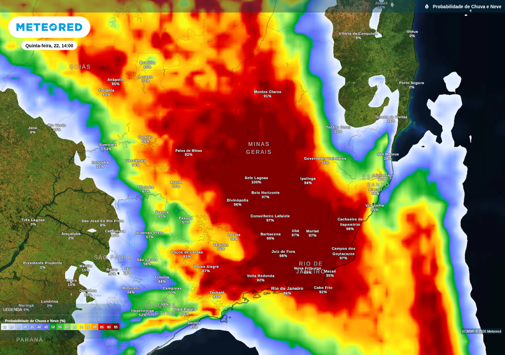 Probabilidade de chuva prevista para quinta-feira (22), de acordo com o ECMWF.