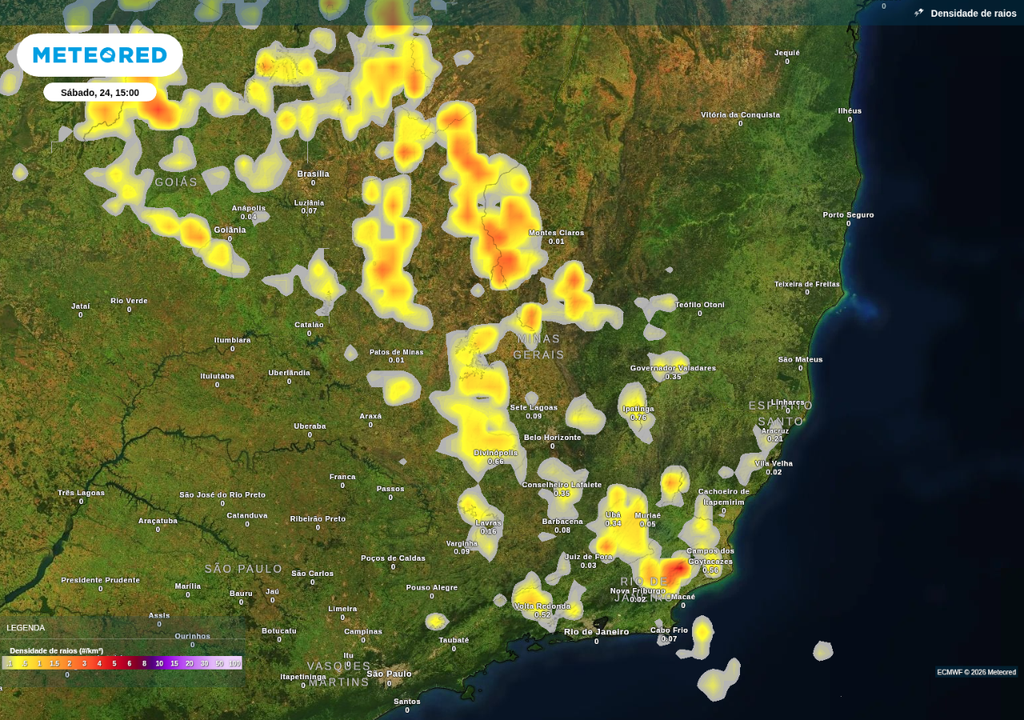 Previsão de tempestades neste sábado (24), de acordo com o ECMWF.