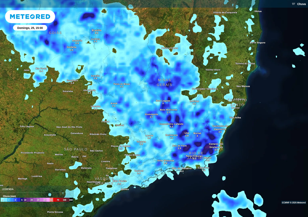 Previsão de chuva neste domingo (25), de acordo com o ECMWF.