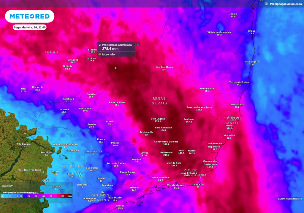 Previsão de chuva acumulada até segunda-feira (26), de acordo com o ECMWF.