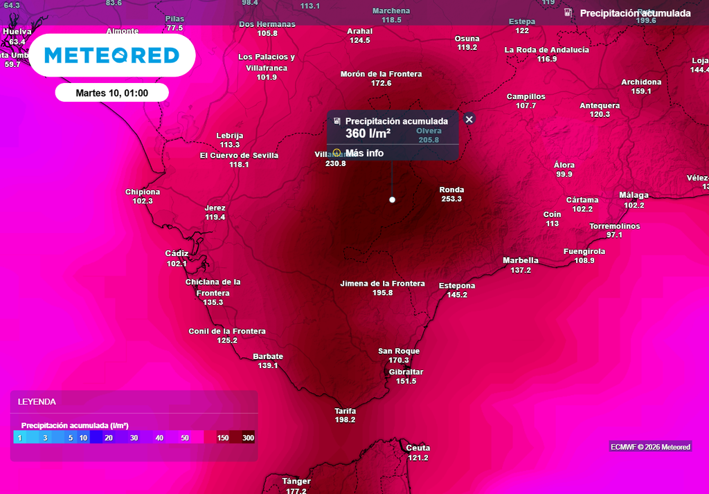El modelo europeo prevé acumulados de lluvia que serán de nuevo muy importantes en el entorno de Grazalema tras los más de 500 l/m2 de hoy.