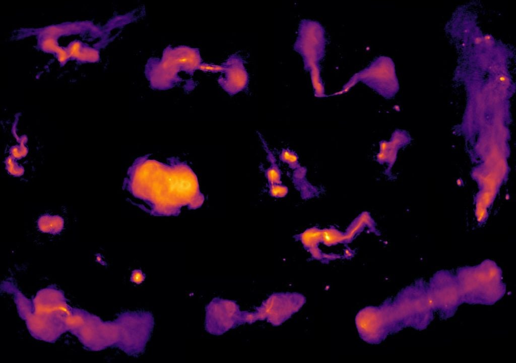 Auswahl aktiver Galaxien: Die sichtbaren Jets werden von supermassiven Schwarzen Löchern in den Galaxienzentren angetrieben. Das Bild zeigt die Formenvielfalt, die durch ihre Aktivität und die Wechselwirkung mit der Umgebung entsteht. Bild: Maya Horton/LOFAR-Team