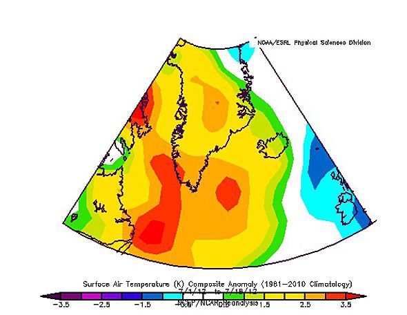La imagen de la NOAA muestra las anomalías de temperatura en niveles bajos para la primera mitad de Julio de 2012 La imagen de la NOAA muestra las anomalías de temperatura en niveles bajos para la primera mitad de Julio de 2012, donde predominan las amplias anomalías positivas, que equivalen a temperaturas más altas de lo normal.