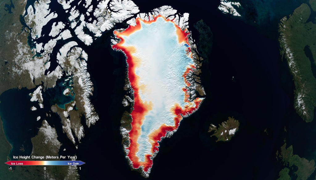La pérdida de hielo en Groenlandia se concentra especialmente en los márgenes del casquete, donde los glaciares descargan hacia el océano y han acelerado su retroceso. Fuente: NASA.