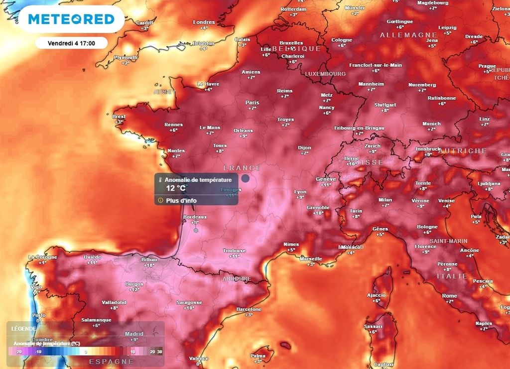 En fin de semaine, les valeurs seront situées jusqu'à 12°C au-dessus des normales de saison dans le sud-ouest. En fin de semaine, les valeurs seront situées jusqu'à 12°C au-dessus des normales de saison dans le sud-ouest.