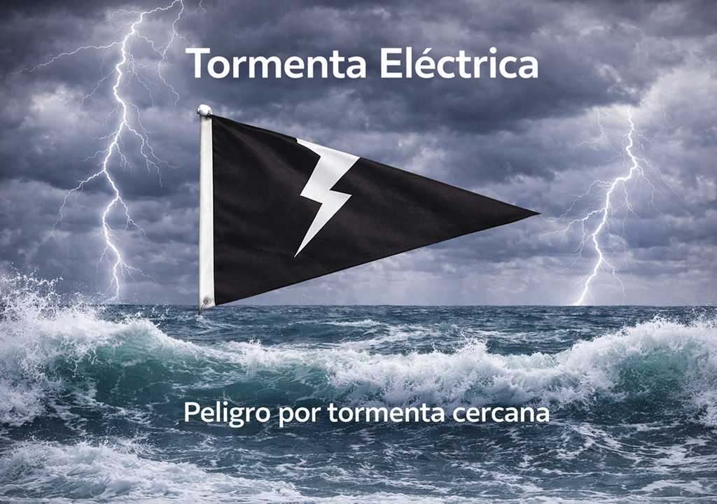 Bandera negra: indica la inminente presencia de actividad eléctrica peligrosa, por tormentas cercanas. Créditos: MYL Studio.