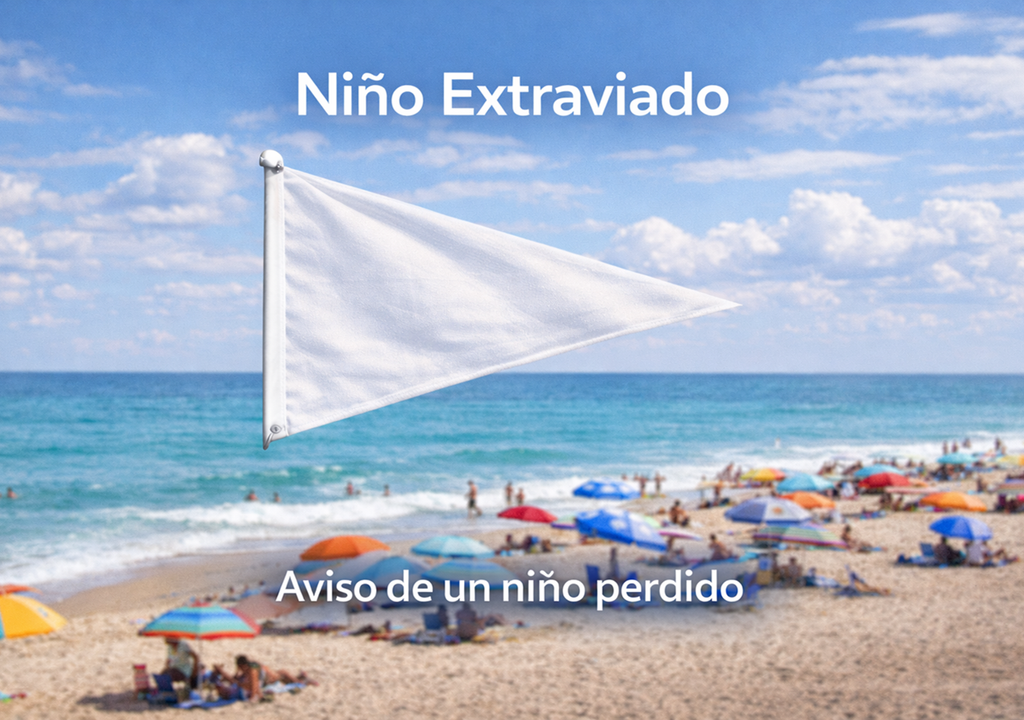 La bandera blanca cumple una función social y de seguridad civil. Se utiliza para señalizar que se ha identificado a un niño extraviado en la playa. Créditos: MYL Studio.