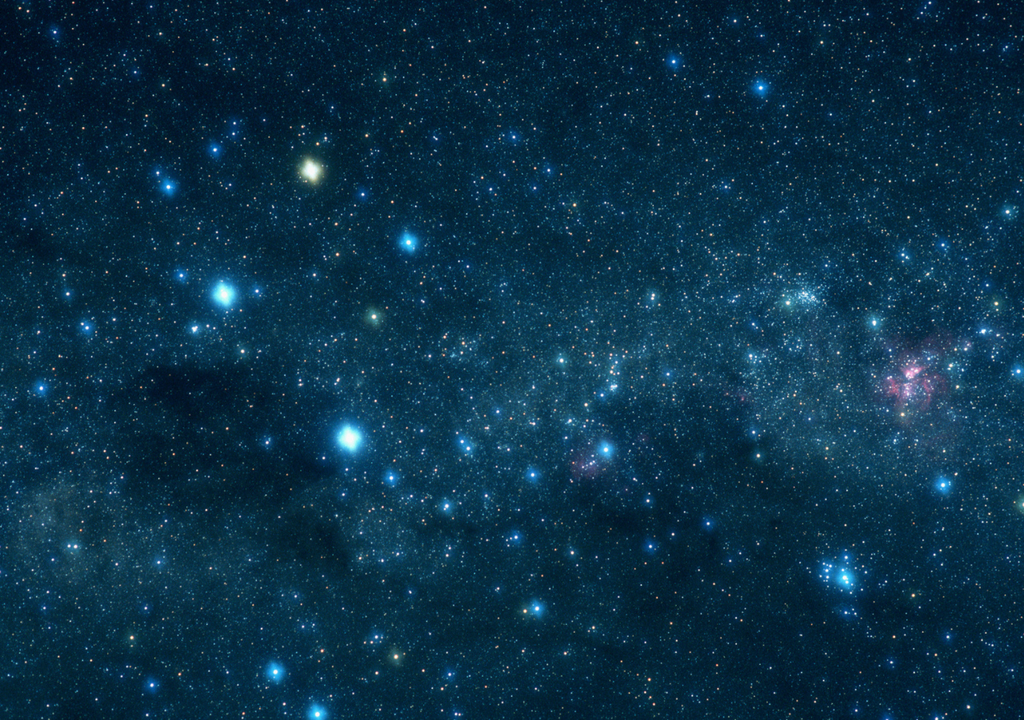 Vista del cielo austral donde destacan estrellas brillantes de la Cruz del Sur y zonas ricas en nebulosas y cúmulos estelares. Vista del cielo austral donde destacan estrellas brillantes de la Cruz del Sur y zonas ricas en nebulosas y cúmulos estelares.