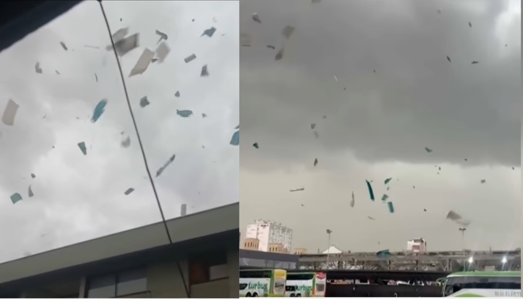 gustnado Estación Central Imágenes del martes 13 mostraban escombros del techo del terminal Alameda volando por el viento.