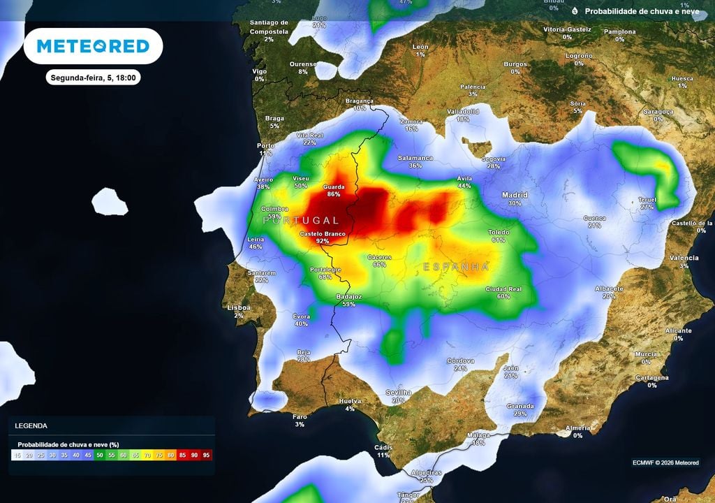 probabilidade de chuva A probabilidade de chuva nas próximas horas vai aumentar no interior do país. Esta poderá ser acompanhada de trovoada e vento.