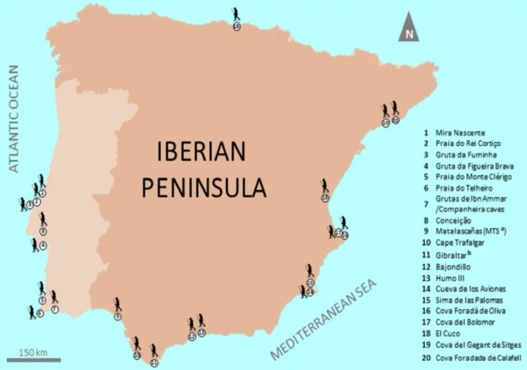 O mapa identifica os sítios costeiros da Península Ibérica onde os neandertais estiveram O mapa identifica os sítios costeiros da Península Ibérica onde os neandertais estiveram